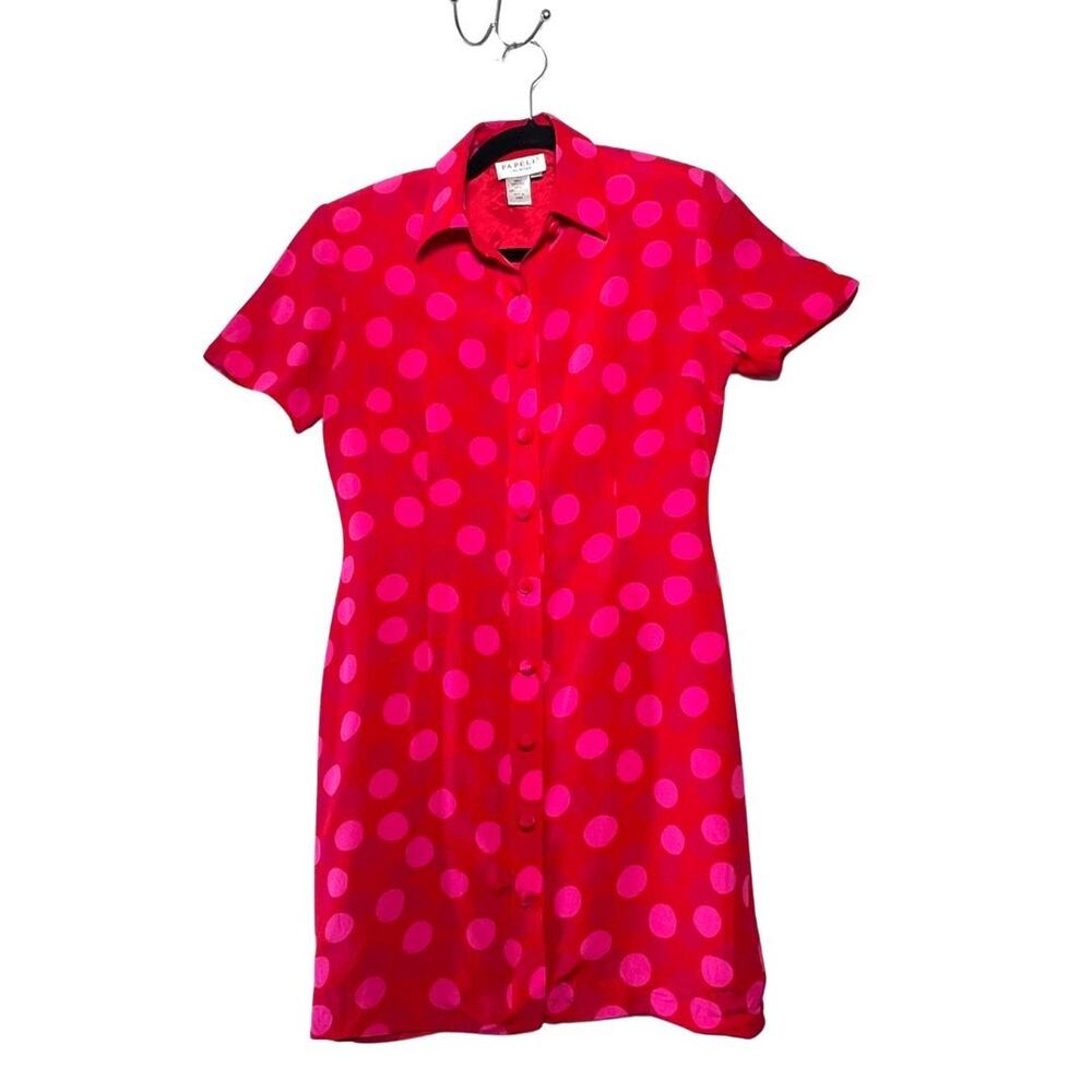 Red Pink Polka Dot 100% Silk Button Down Lined Mini Dress Size 6 Petite